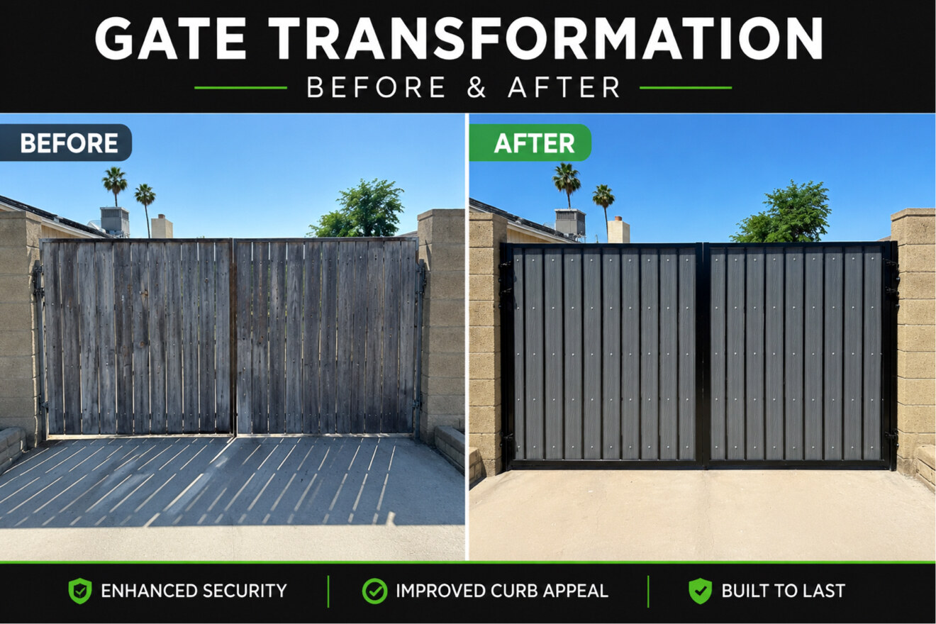 Before-and-after driveway gate replacement between block wall pillars in Phoenix, Arizona