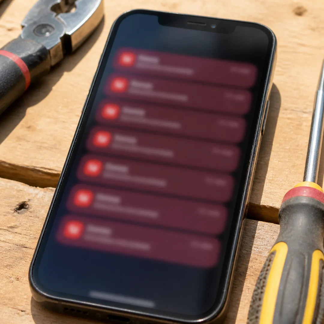 Illustration of a phone on a workbench showing a stack of missed call notifications
