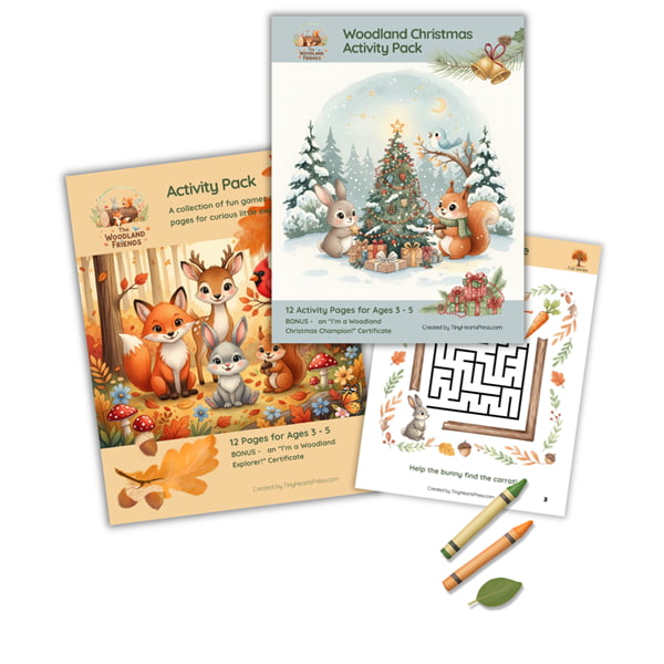 A collection of three woodland pages with crayons