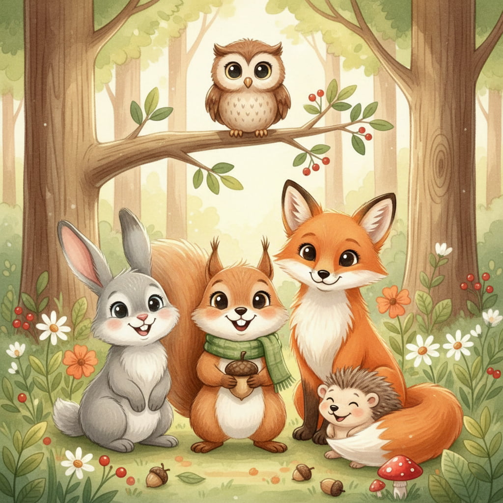 Four of The Woodland Friends - Owl, Bunny, Squirrel, Fox & Hedgehog