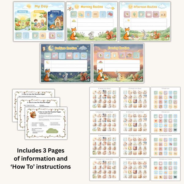 A collection of three woodland pages with crayons