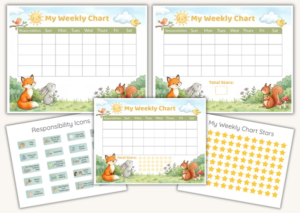 A collection of three woodland pages with crayons