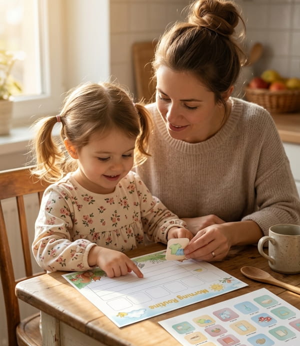 Mom helping her daughter with her morning routine chart
