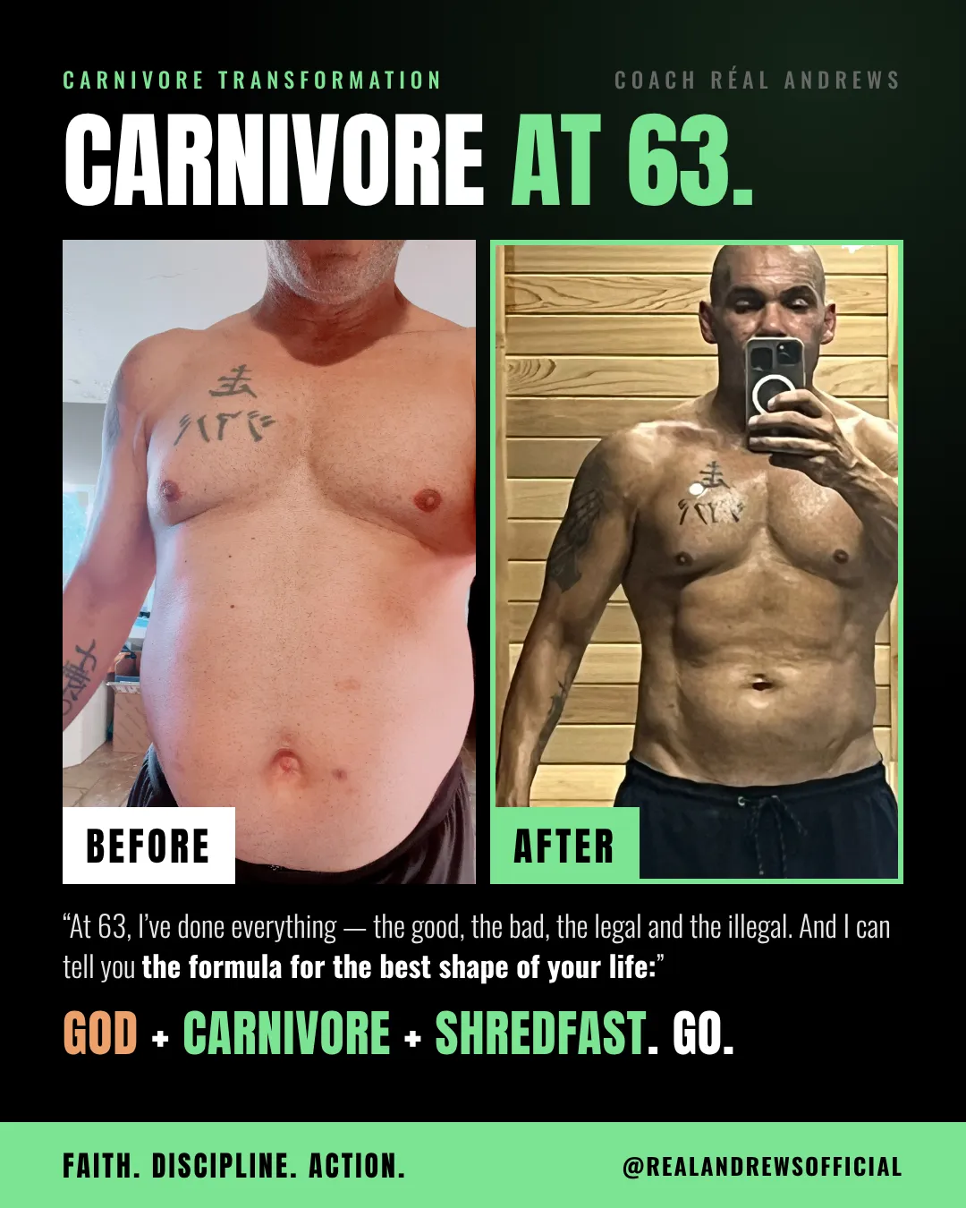 Coach Real Andrews carnivore before and after transformation at age 63