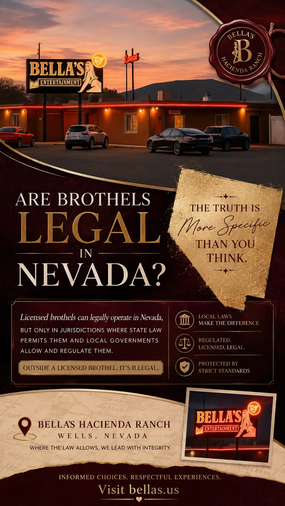 Nevada-themed graphic explaining that licensed brothels can legally operate only in certain parts of the state.