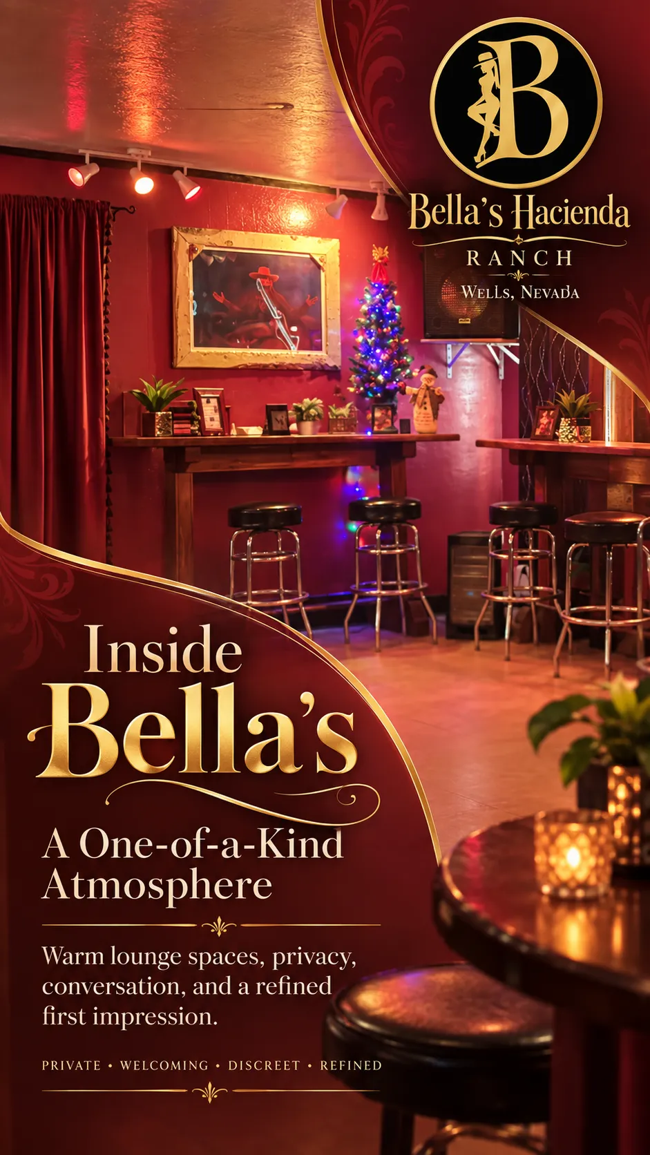 Warm lounge interior at Bella’s Hacienda Ranch in Wells, Nevada, with seating, soft lighting, and a welcoming private atmosphere.