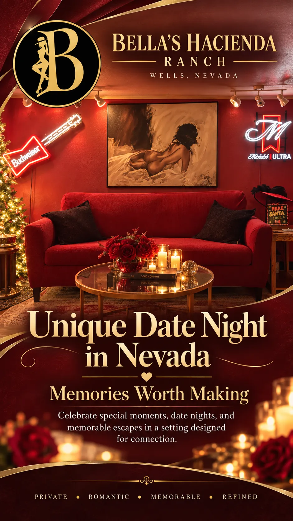 Warm lounge at Bella’s Hacienda Ranch with a message about celebrating date nights, special moments, and memorable getaways.