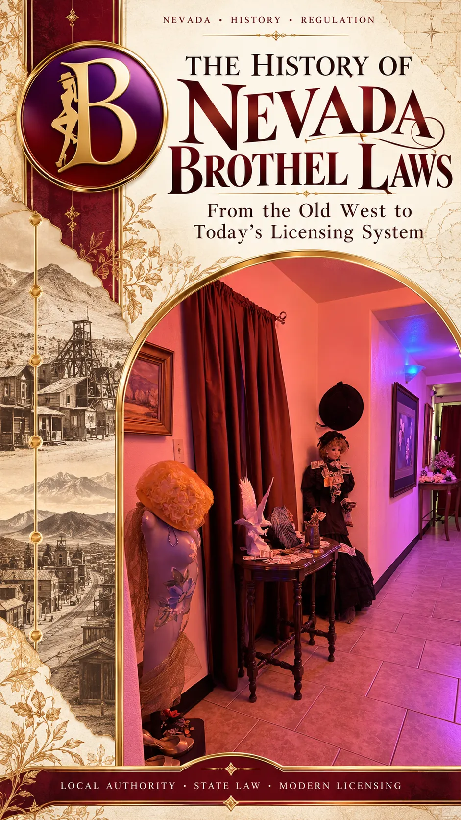 Decorative hallway at Bella's Hacienda Ranch with costumed figures, framed artwork, vintage details, and colored accent lighting