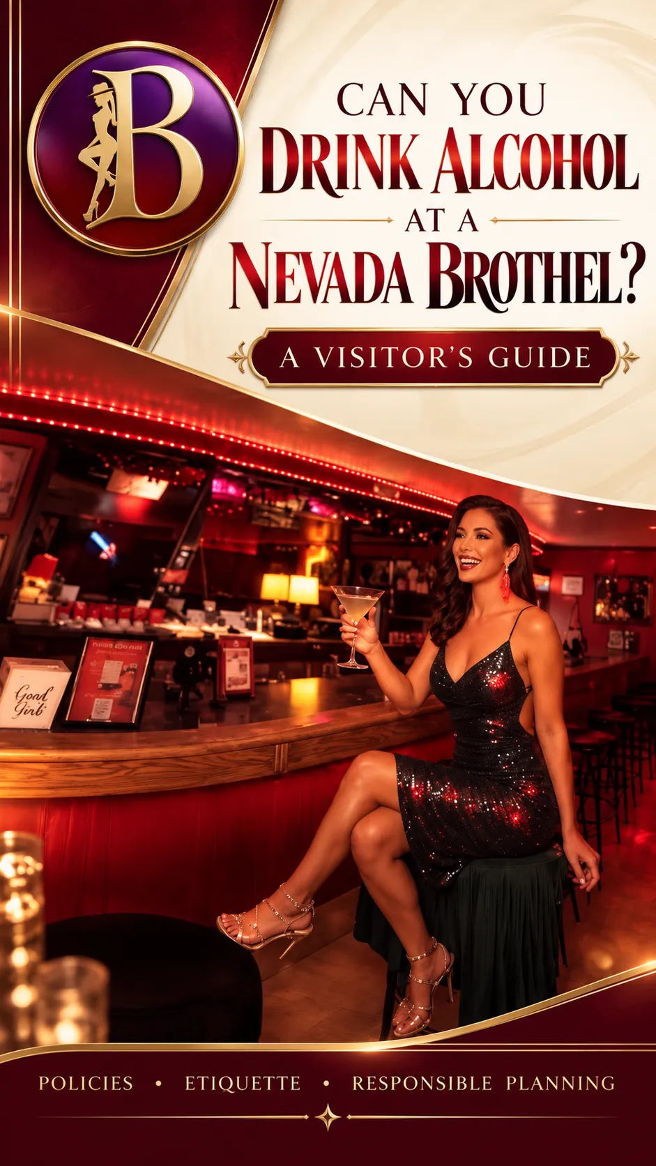Woman in an elegant black dress holding a glass beside a bar in a warmly illuminated interior