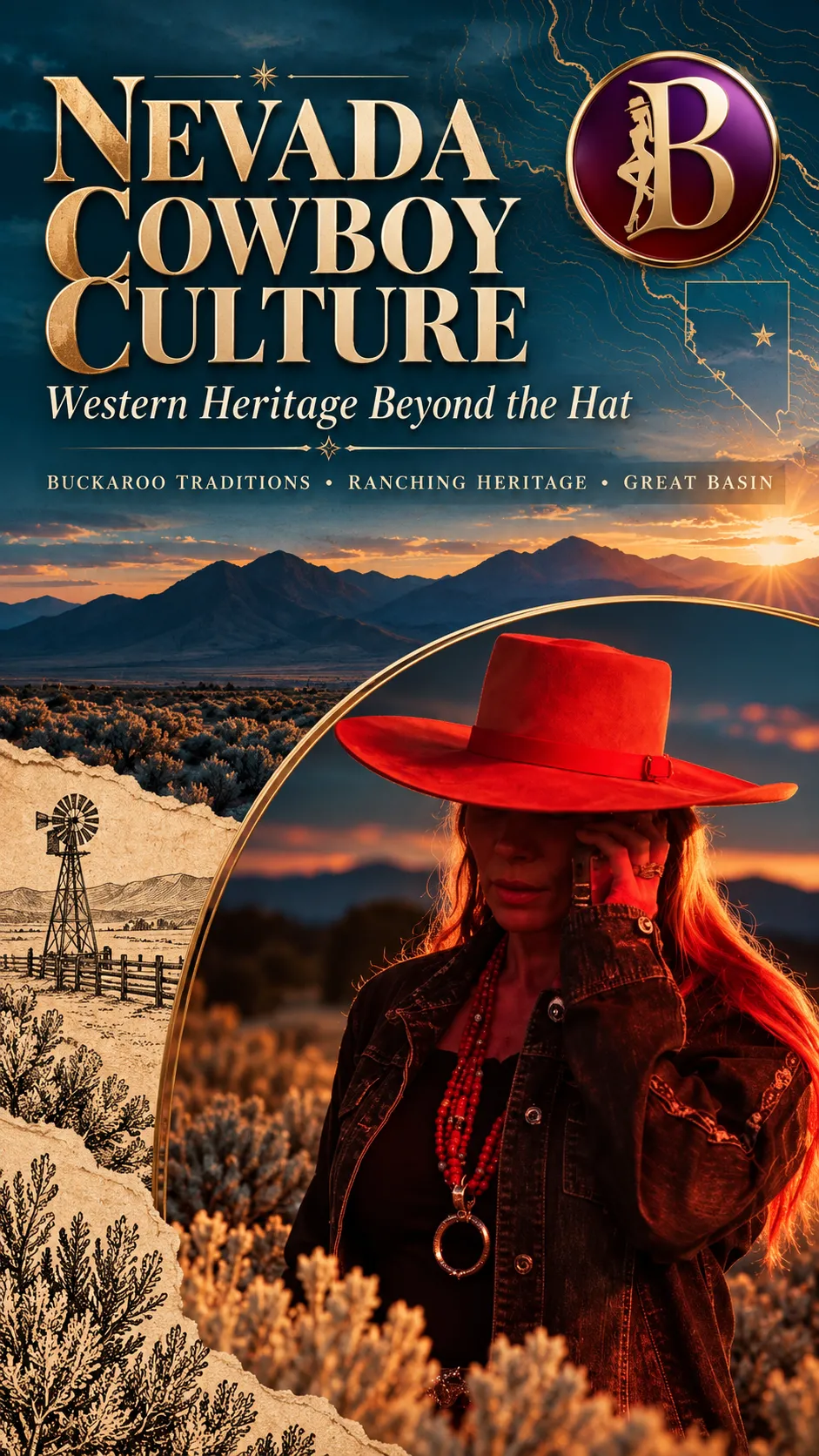 Woman wearing a bold red Western hat and dark jacket against the mountains of Nevada at dusk