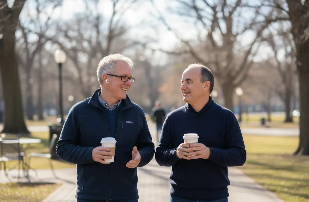 Two business coaches walking and talking over coffee, mentoring an entrepreneur on business growth strategy and product development