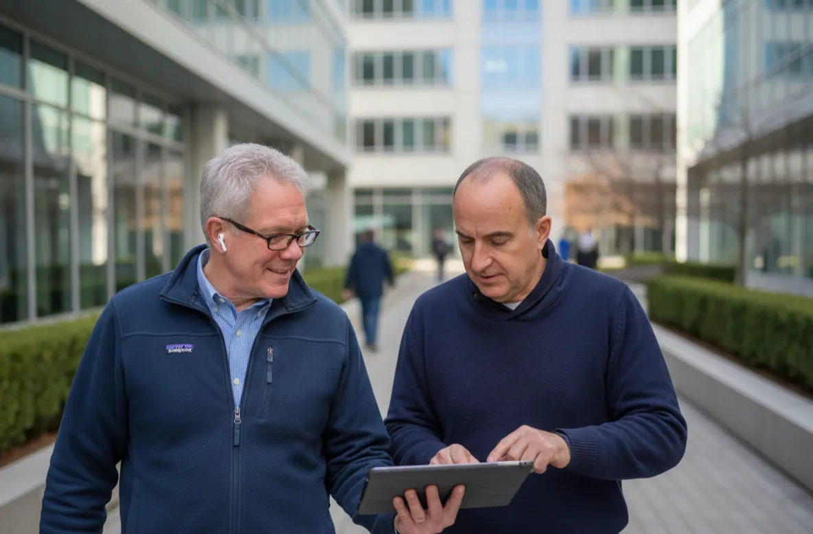 Two business coaches walking outdoors with coffee, mentoring an entrepreneur on faster and smarter business decision-making