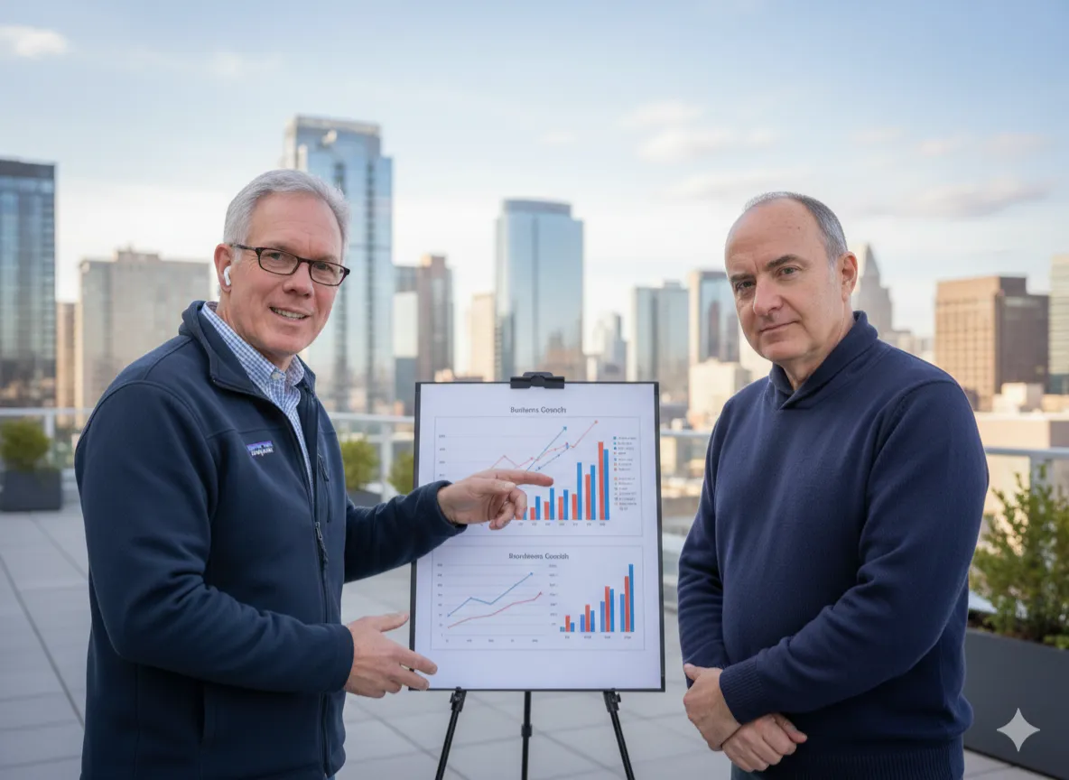 Two business coaches walking outdoors while reviewing a business strategy document, helping identify growth problems and solutions