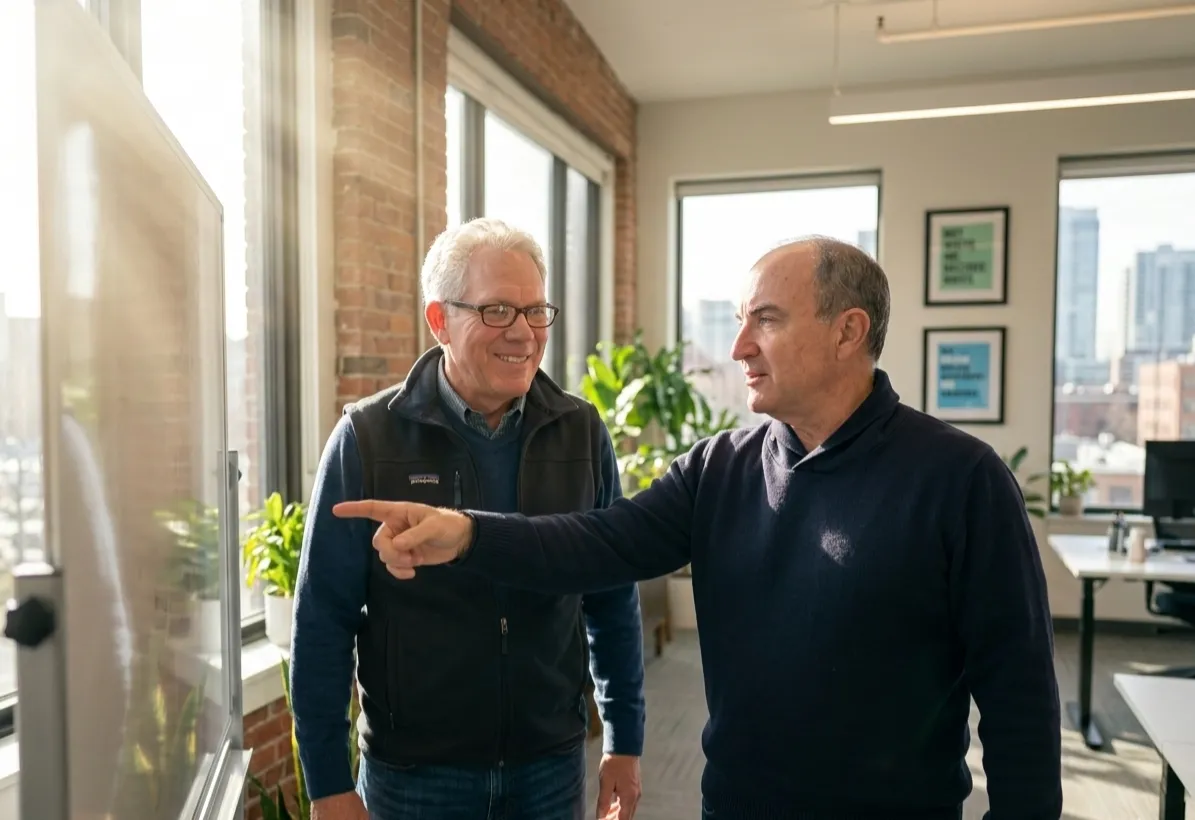 Two professional business coaches collaborating in a sunlit workspace during a natural photoshoot, representing entrepreneurship coaching and product launch strategy.