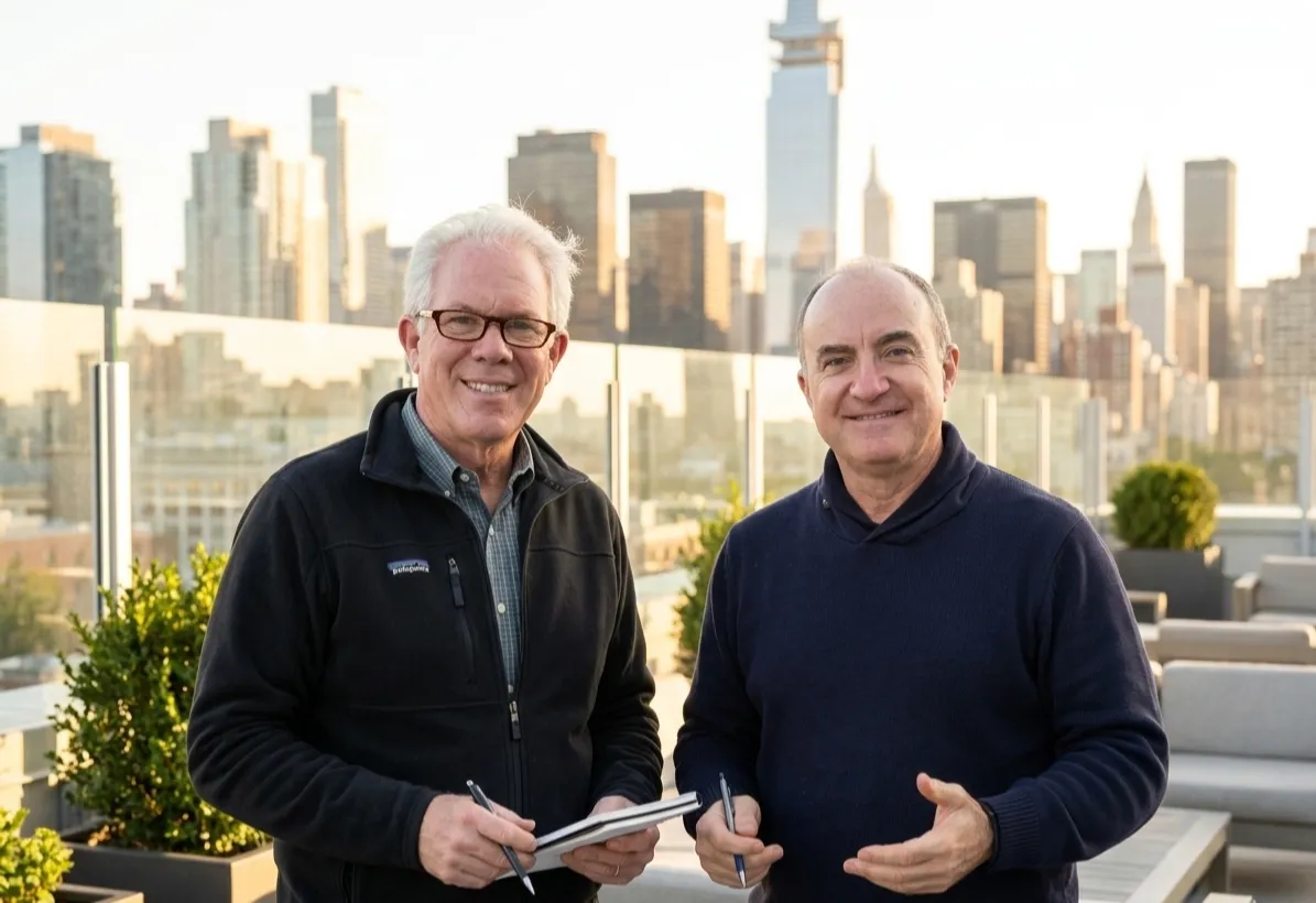 Two professional business coaches during an outdoor executive photoshoot with warm sunlight and a city skyline background.