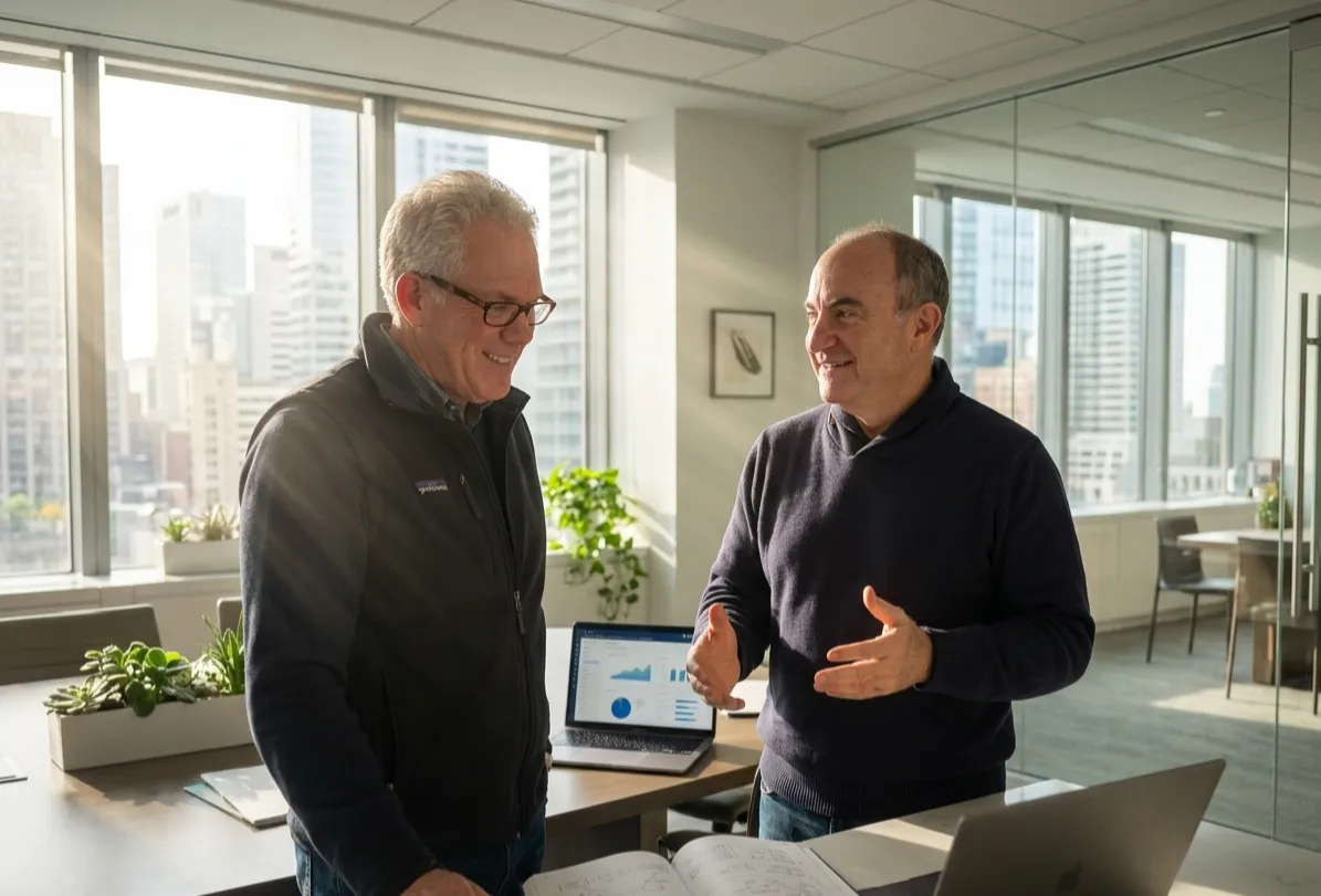 Two professional business coaches discussing growth strategy in a sunlit workspace during a natural editorial photoshoot representing entrepreneurship coaching and business scaling.