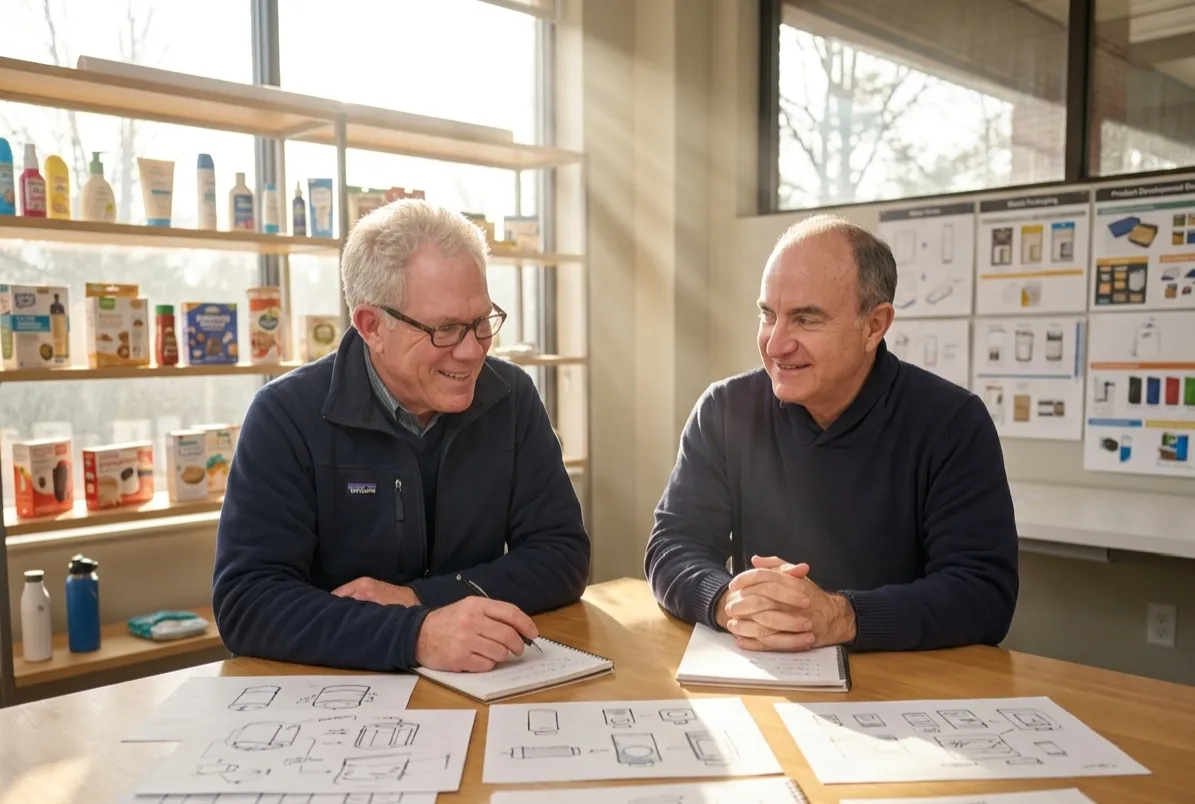 Two product strategy leaders reviewing business systems and product launch plans in a sunlit product development workspace.