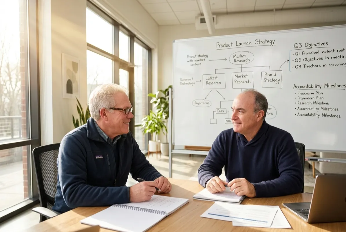 Two business strategists reviewing a growth plan during a sunlit strategy session, highlighting accountability and leadership in business growth.