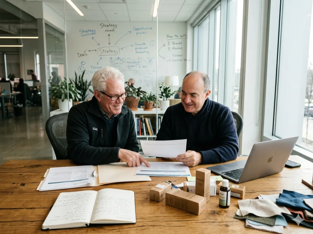 Two professional business coaches collaborating in a modern workspace with natural lighting, discussing product strategy, business growth, and scaling solutions