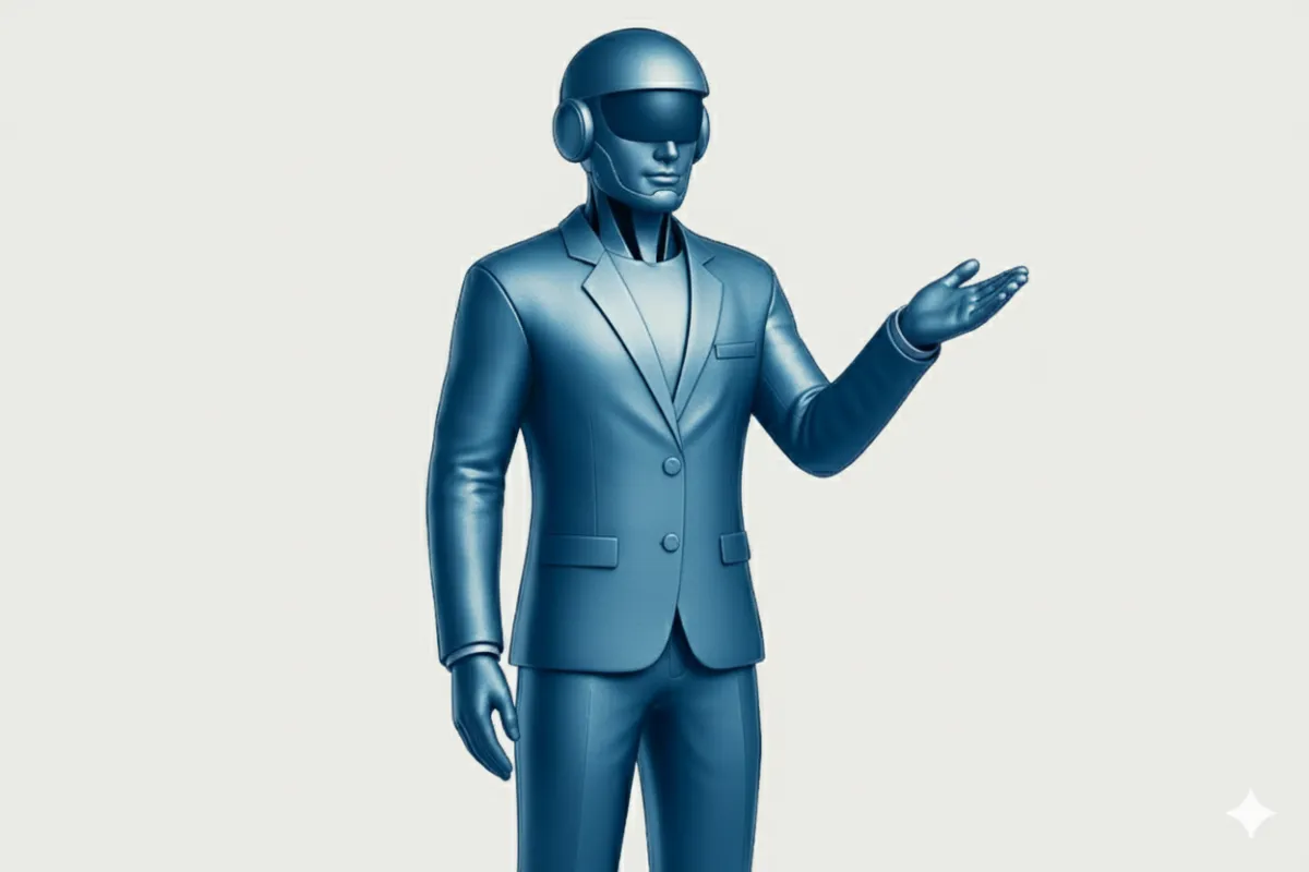 Futuristic AI receptionist greeting a diverse business owner in a modern office, blue and silver gradient lighting, tech-forward style