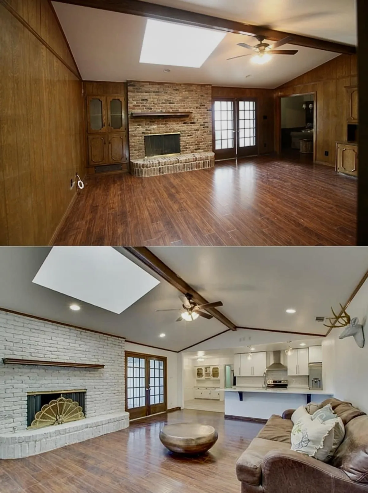 Remodel living room on a budget with stone fireplace, wood flooring, and recessed lighting.