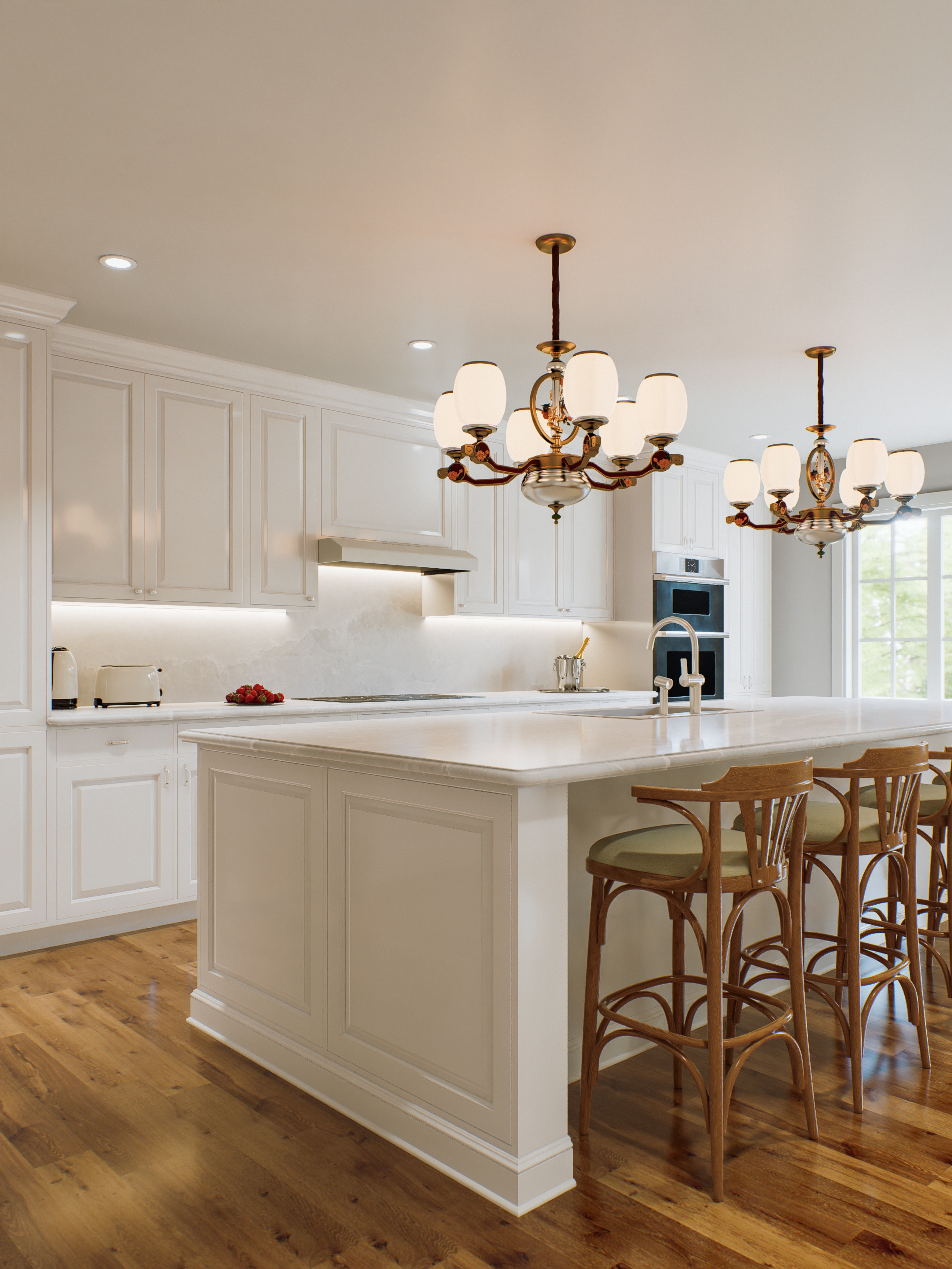 Bright white traditional kitchen with large center island, gold-accented chandeliers, and hardwood flooring.
