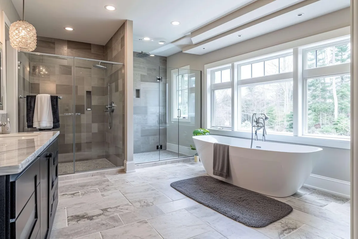 Luxury spa-like bathroom with freestanding tub and large windows for natural light.
