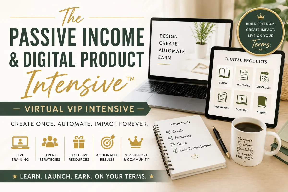 Promotional thumbnail graphic for The Passive Income & Digital Product Intensive™ – Virtual VIP Intensive. The design features a modern workspace with a laptop and tablet displaying digital products such as e-books, templates, checklists, workbooks, courses, and guides. Large headline text highlights the program title, while supporting text emphasizes creating, automating, and scaling digital products to generate passive income. A notebook with a business growth plan, a coffee mug referencing purpose and financial freedom, and premium gold-accented icons reinforce themes of entrepreneurship and online business success. The graphic includes key benefits such as live training, expert strategies, exclusive resources, actionable results, and VIP support. The overall design conveys a professional, high-end virtual training experience focused on helping professionals create scalable income streams and achieve greater freedom through digital products.