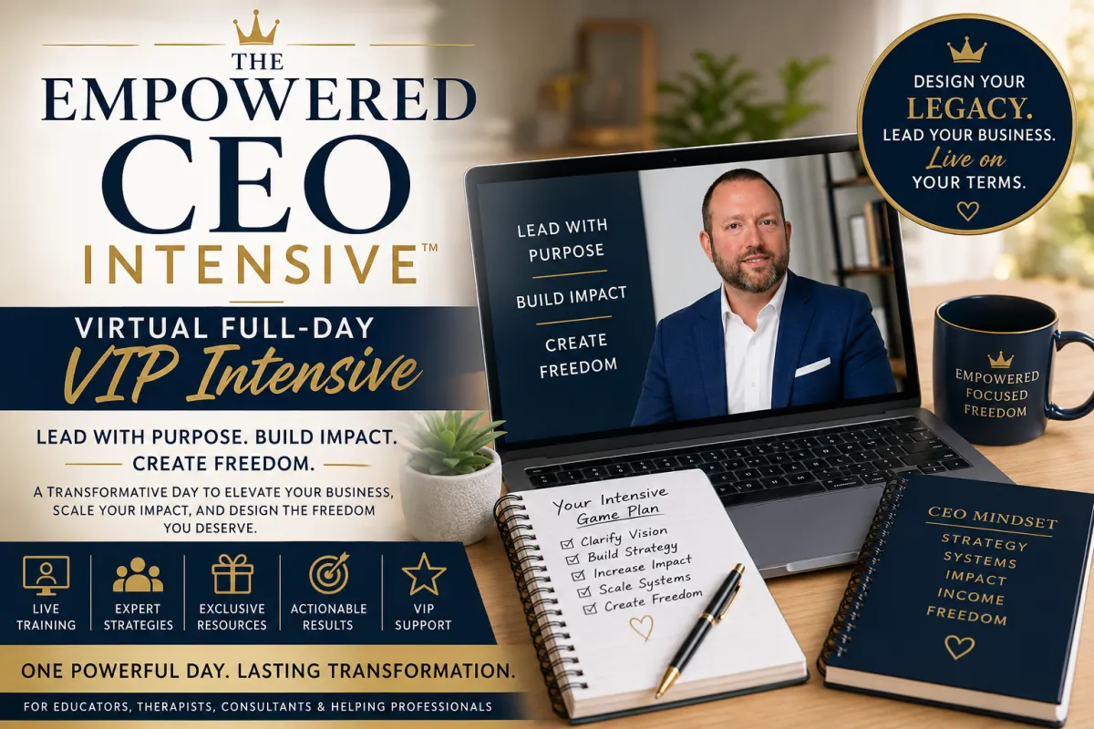 Promotional thumbnail graphic for THE EMPOWERED CEO INTENSIVE™ – Virtual Full-Day VIP Intensive featuring a premium navy, gold, and white design. The graphic highlights a virtual one-on-one coaching experience with a professional business coach displayed on a laptop screen. Large headline text showcases the program name, while supporting messaging emphasizes leadership, business growth, impact, and freedom. The workspace includes a strategic planning notebook, a CEO mindset workbook, a branded coffee mug, and modern office décor that reinforce themes of entrepreneurship and executive leadership. Icons along the bottom highlight key program benefits including live training, expert strategies, exclusive resources, actionable results, and VIP support. Additional messaging encourages participants to clarify their vision, build systems, increase impact, scale their business, and create greater freedom. The overall image conveys a high-end, transformational coaching experience designed for educators, therapists, consultants, and helping professionals seeking to grow their businesses and lead with purpose.
