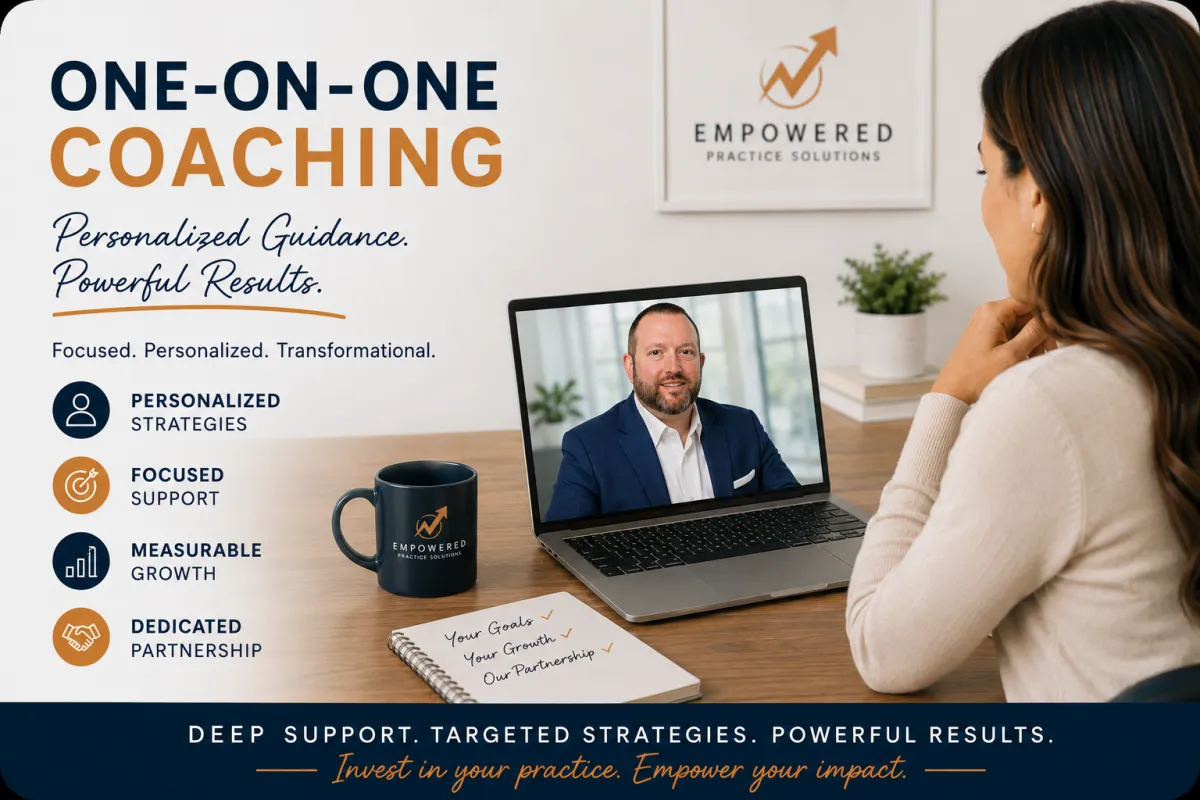Professional promotional graphic for one-on-one coaching services from Empowered Practice Solutions. The image features a client seated at a desk engaged in a virtual coaching session with Brian Conners, Ph.D., BCBA, displayed on a laptop screen. Brian appears in professional business attire with a friendly, attentive expression, creating a personalized and supportive coaching atmosphere. The workspace includes a branded Empowered Practice Solutions coffee mug, a notebook with growth-focused goals, and modern office décor with the company logo displayed on the wall. Large headline text reads “ONE-ON-ONE COACHING,” accompanied by the tagline “Personalized Guidance. Powerful Results.” Supporting text emphasizes focused, personalized, and transformational coaching. Icons highlight key benefits including personalized strategies, focused support, measurable growth, and dedicated partnership. The bottom banner reinforces the message with “Deep Support. Targeted Strategies. Powerful Results.” and “Invest in your practice. Empower your impact.” The overall design conveys a high-end, professional coaching experience focused on helping educators, therapists, behavior analysts, consultants, and helping professionals grow their businesses, increase impact, and achieve meaningful professional success through personalized one-on-one support.