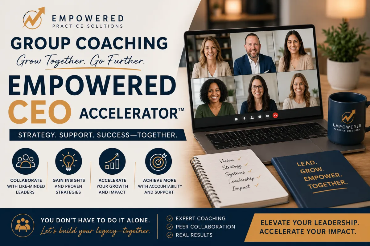 Professional promotional graphic for the EMPOWERED CEO ACCELERATOR™ Group Coaching Program by Empowered Practice Solutions. The design features a premium navy, gold, and white color palette with bold branding and a modern business coaching aesthetic. The headline reads “Group Coaching” and “EMPOWERED CEO ACCELERATOR™,” accompanied by the tagline “Grow Together. Go Further.” On the right side, a laptop displays a virtual group coaching session with six diverse professionals participating in a collaborative video meeting. The participants represent different genders, racial and ethnic backgrounds, and professional experiences, creating a welcoming and inclusive atmosphere. A branded Empowered Practice Solutions coffee mug, leadership workbook, and strategic planning notebook sit on the desk, reinforcing themes of business growth, leadership development, and accountability. The graphic highlights key benefits of the program, including collaborating with like-minded leaders, gaining insights and proven strategies, accelerating growth and impact, and achieving more through accountability and support. Additional messaging emphasizes expert coaching, peer collaboration, real results, leadership development, and business acceleration. The overall image conveys a high-end group coaching experience designed for educators, therapists, behavior analysts, consultants, and helping professionals who want to grow their businesses, strengthen leadership skills, increase impact, and build lasting success within a supportive community of peers.