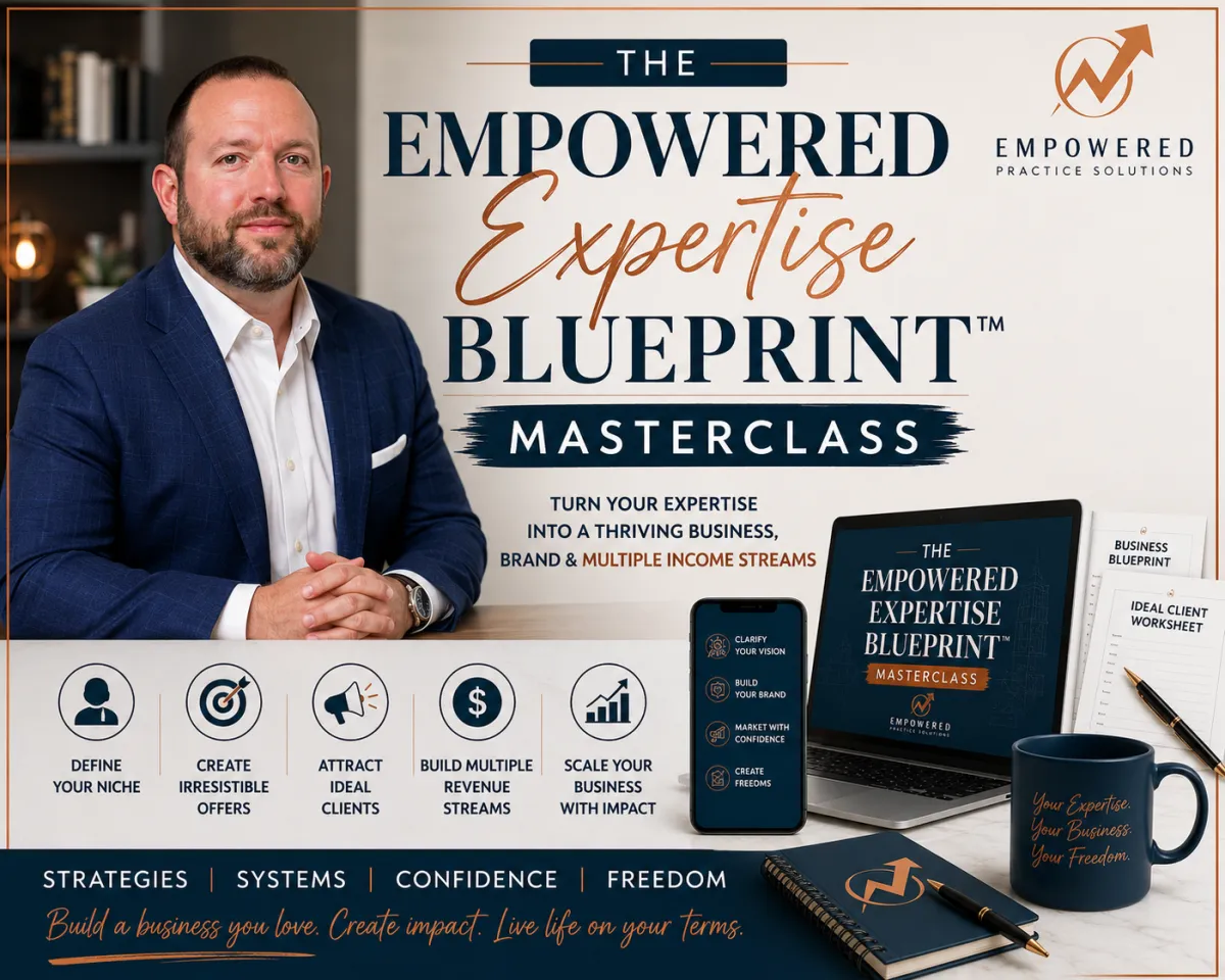 Promotional graphic for The Empowered Expertise Blueprint™ Masterclass by Empowered Practice Solutions featuring instructor Dr. Brian Conners alongside course mockups and resources for building a consulting business, private practice, coaching business, online courses, digital products, and multiple income streams.