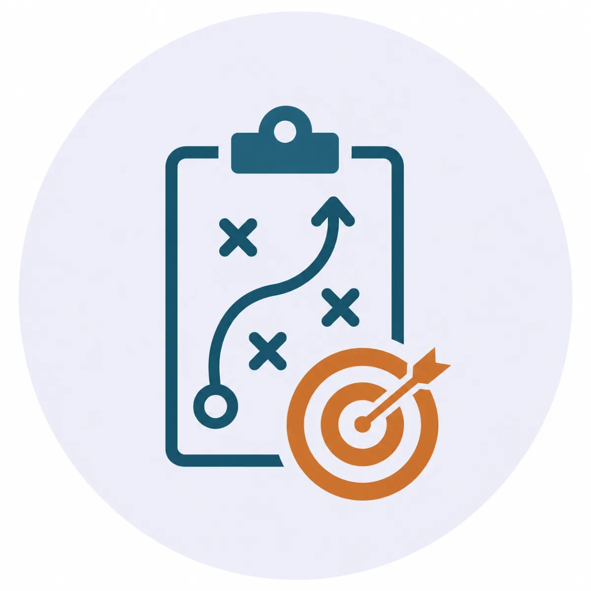 Business strategy icon featuring a teal strategic planning clipboard with playbook markings and directional path, paired with an orange target and arrow symbolizing goal achievement and strategic execution. The icon is displayed on a soft light-gray circular background with a white outer background, using the Empowered Practice Solutions brand colors for a clean, modern, professional appearance.