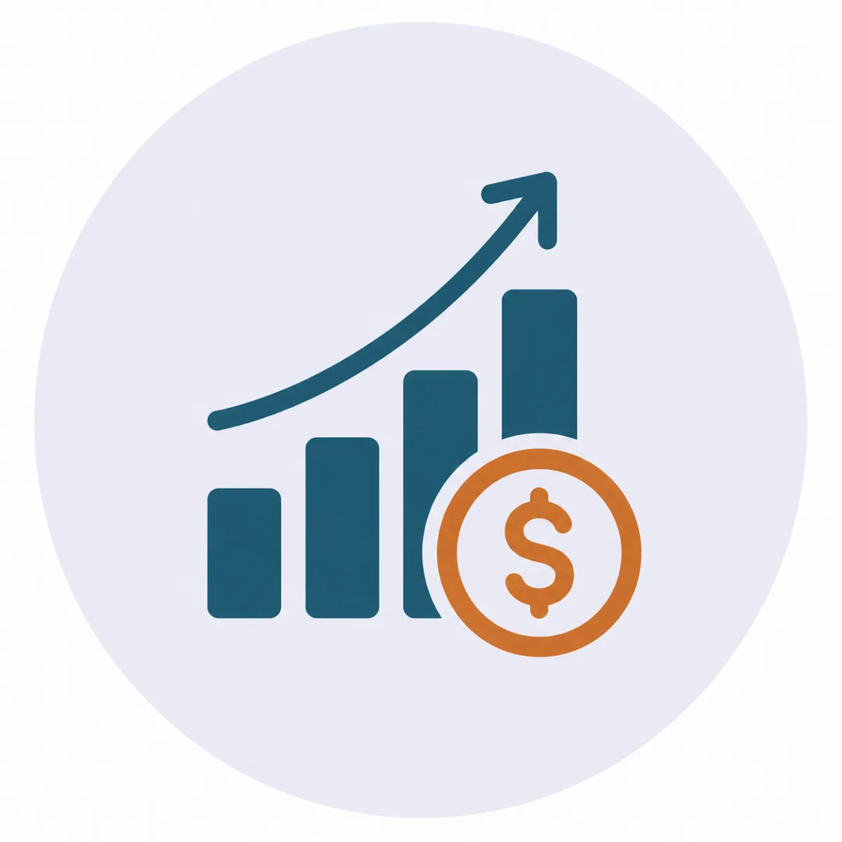 Revenue growth icon featuring a teal upward-trending bar chart with a rising arrow and an orange dollar coin, symbolizing increased revenue, business growth, profitability, and financial success. The icon is displayed on a soft light-gray circular background with a white outer background, using the Empowered Practice Solutions brand colors for a clean, modern, professional appearance.