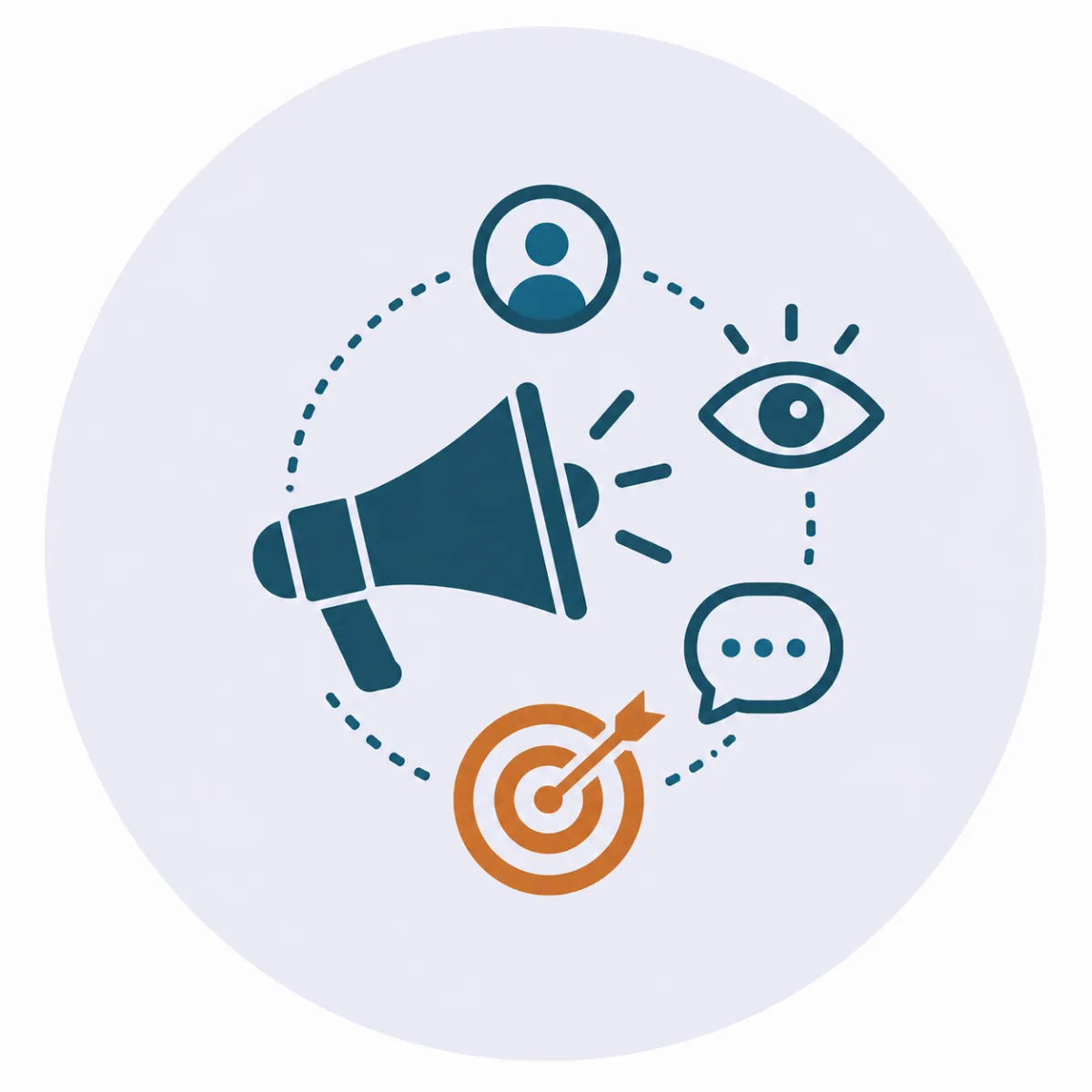 Marketing and visibility icon featuring a teal megaphone surrounded by audience, visibility, and communication symbols, with an orange target representing strategic marketing and customer outreach. The icon is displayed on a soft light-gray circular background with a white outer background, using the Empowered Practice Solutions brand colors to convey brand awareness, audience engagement, lead generation, and business growth.