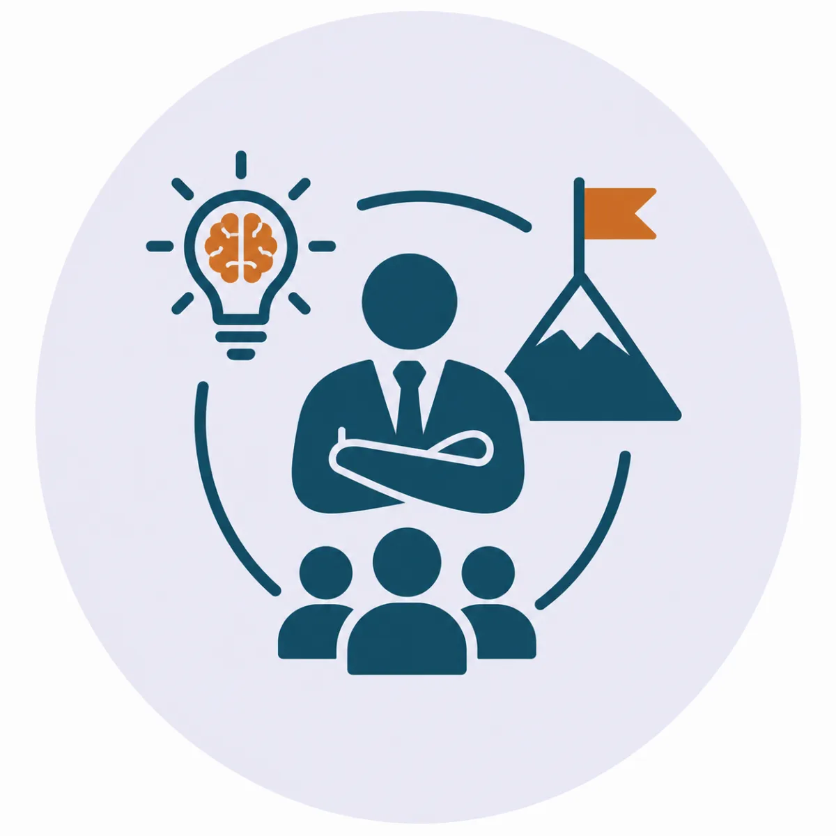 CEO mindset and leadership icon featuring a confident business leader standing before a team, surrounded by a lightbulb with a brain, a mountain with a flag, and circular leadership elements, symbolizing strategic thinking, vision, resilience, and team leadership. The icon is displayed on a soft light-gray circular background with a white outer background, using the Empowered Practice Solutions brand colors to represent executive leadership, growth mindset, decision-making, innovation, and business success.