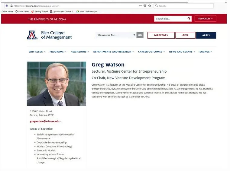 Dr. Greg Watson, Professor Bio at University of Arizona