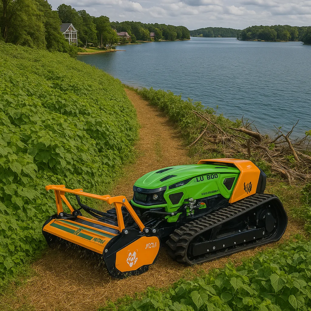 Forestry mulching machine grinding small trees into protective ground cover.