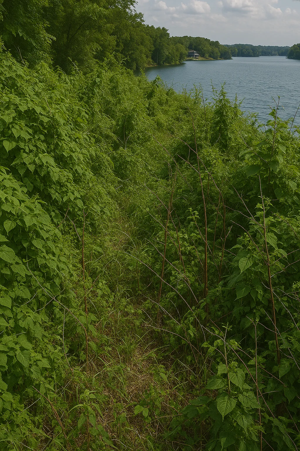 Overgrown trail by the lake on a steep slope in North Alabama near Hamilton