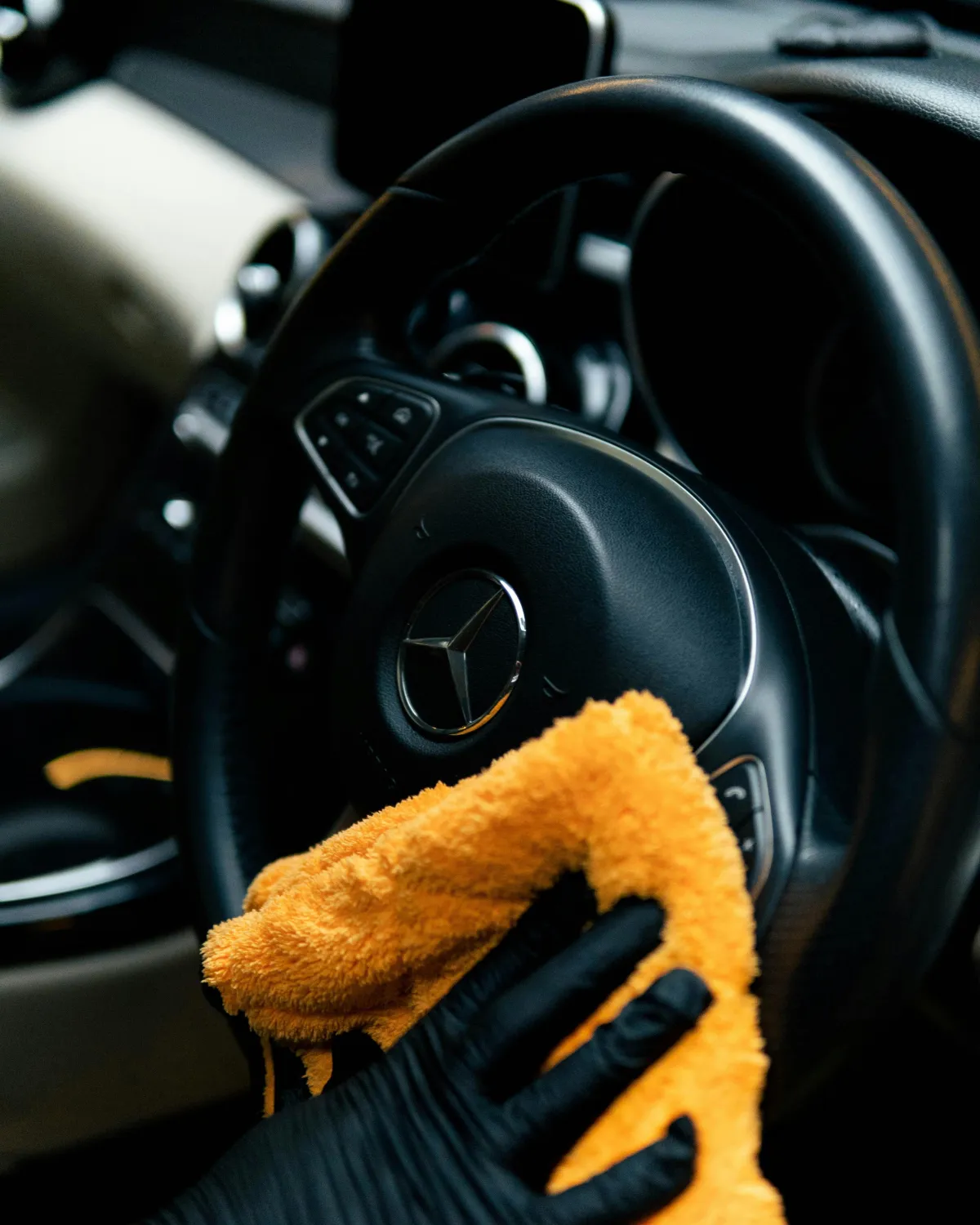 A gleaming, meticulously cleaned interior console of a vehicle