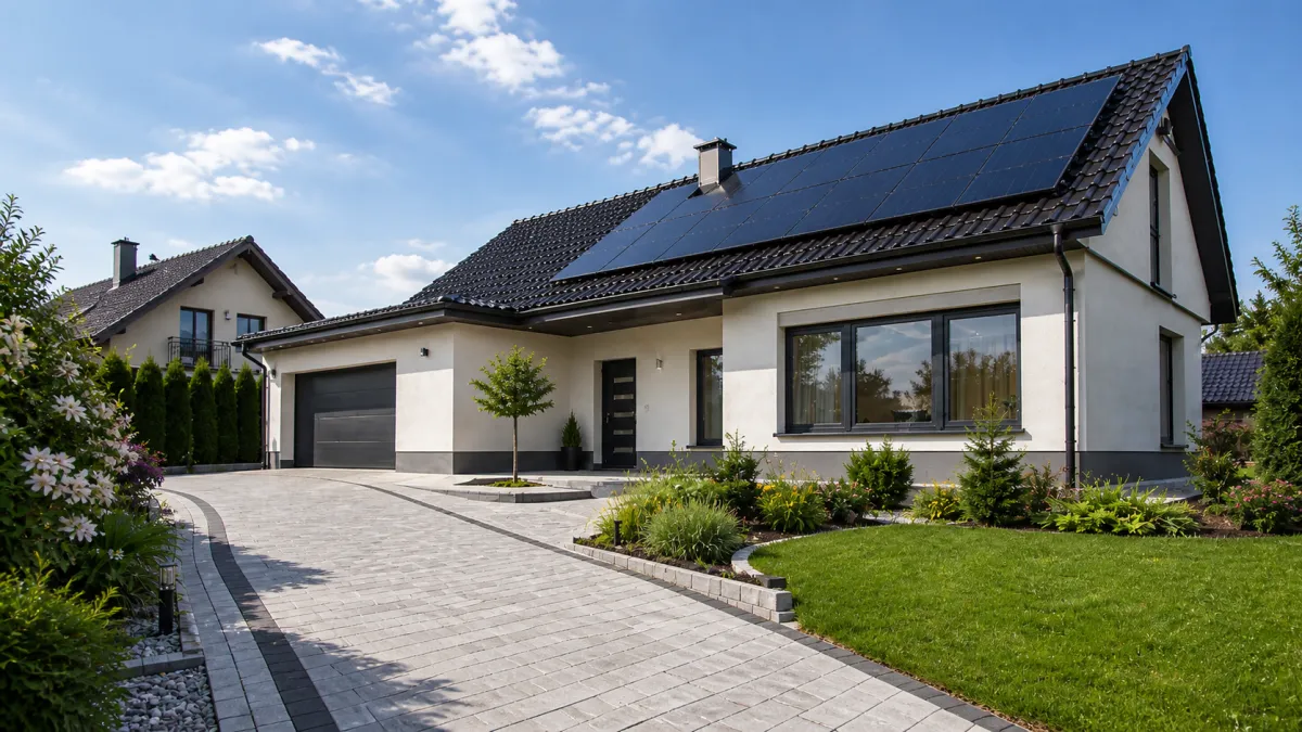 Orange roof with solar panels and overhead wires