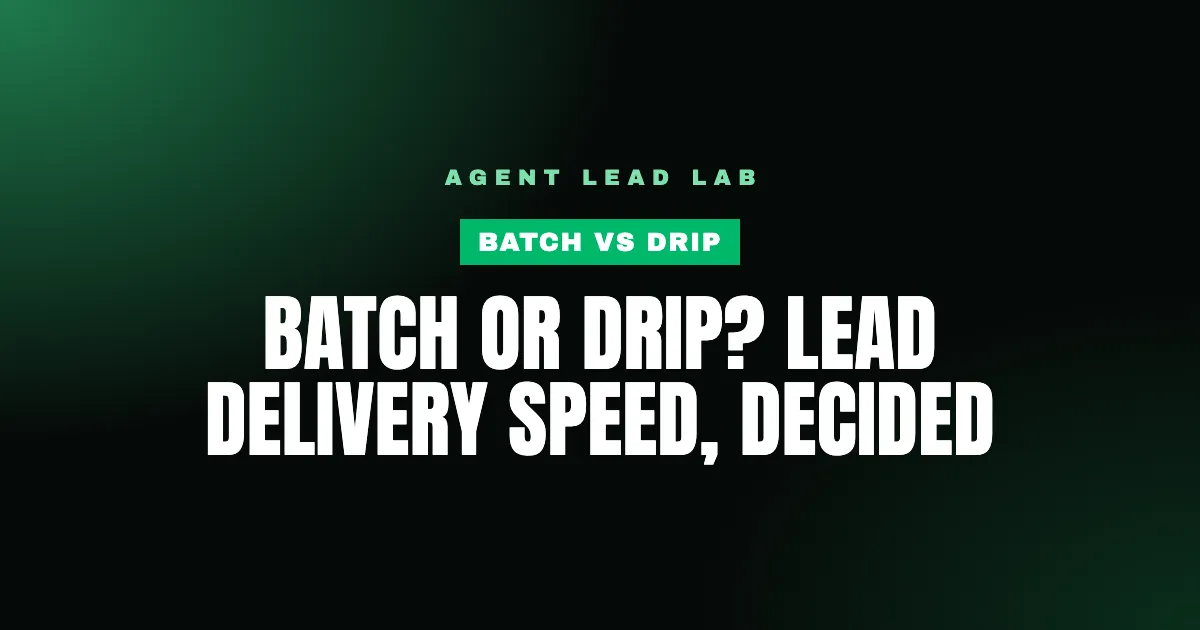 Life insurance agent at a dialer comparing lead delivery speed options, batch orders versus real-time drip.