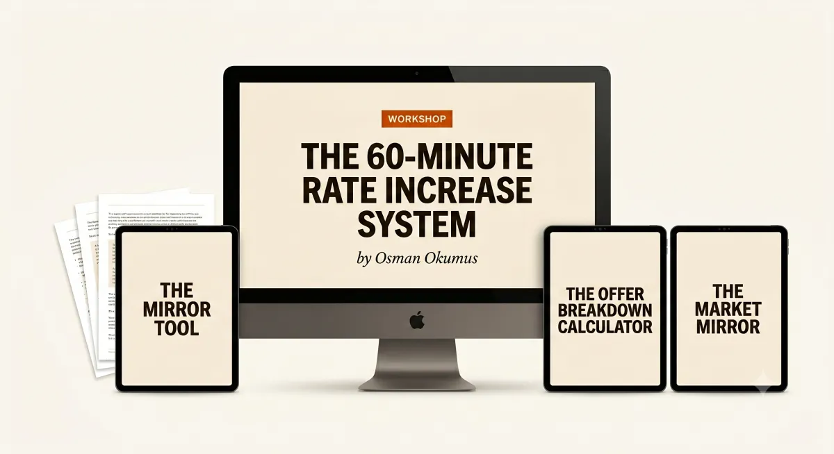 The 60-Minute Rate Increase Workshop on a large screen, with the Mirror Tool, Offer Breakdown Calculator and Market Mirror on tablets