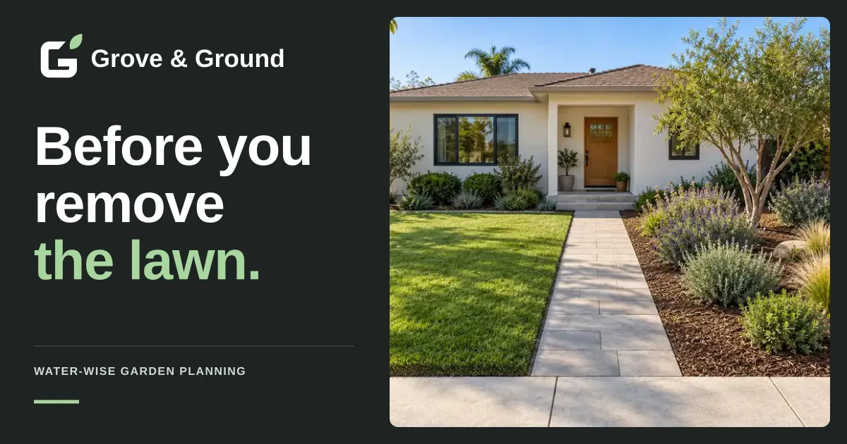 Grove & Ground with the words “Before you remove the lawn.” beside an illustrative finished front garden with a retained lawn zone, a separate planted bed and a clear path to the door.