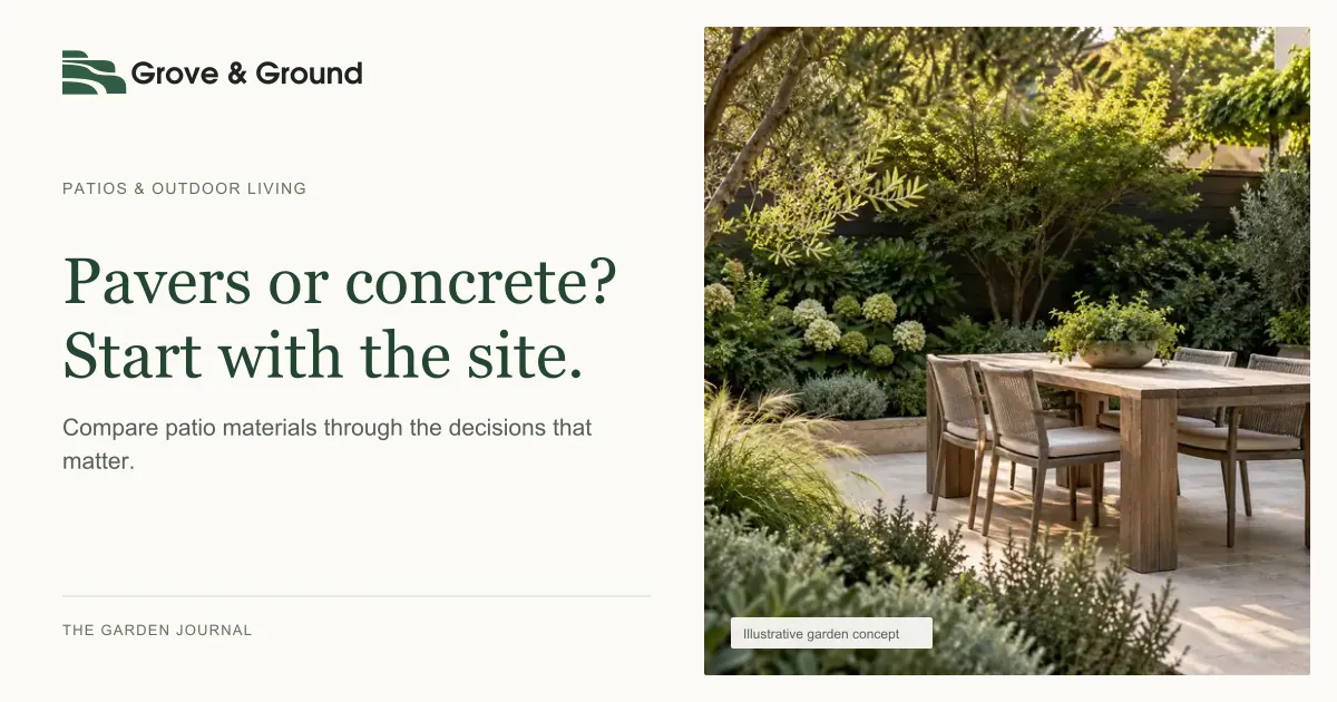 Pavers or concrete? Start with the site. — Compare patio materials through the decisions that matter. Illustrative garden concept.