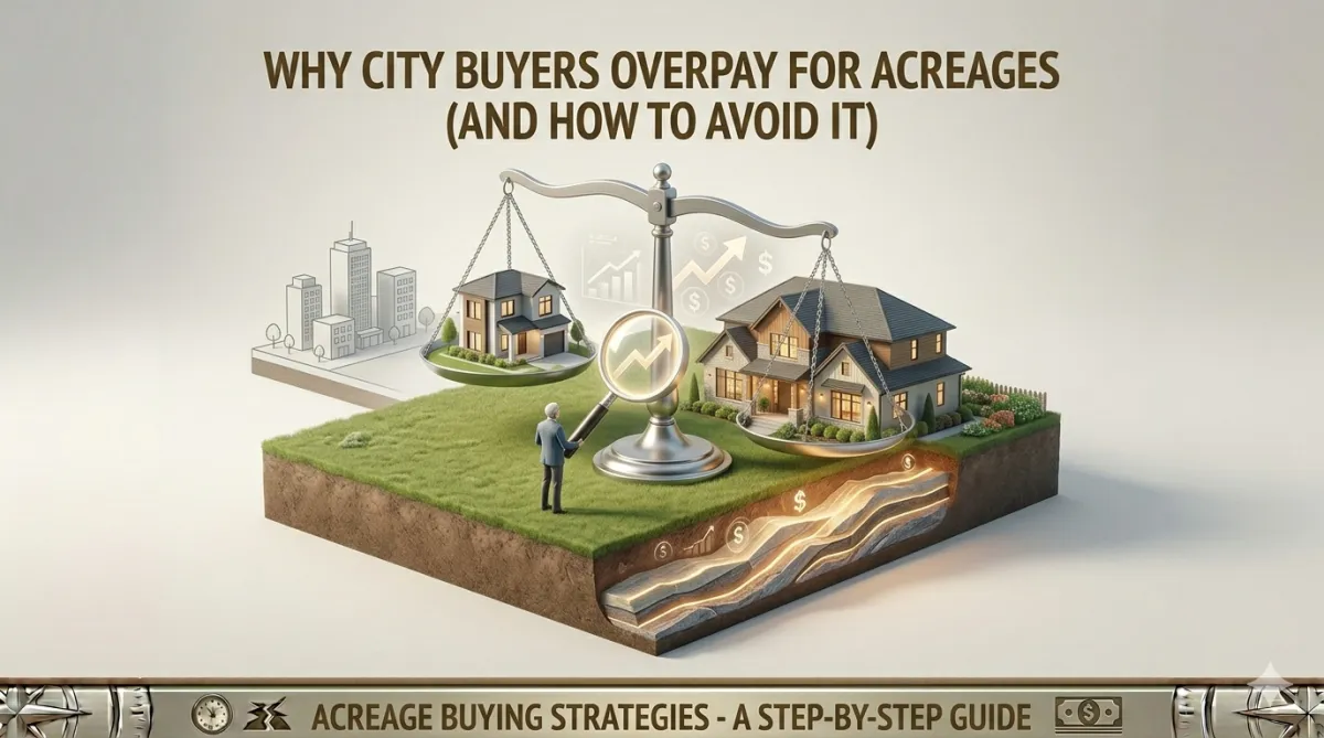 City buyer analyzing acreage property pricing to avoid overpayment mistakes on rural land