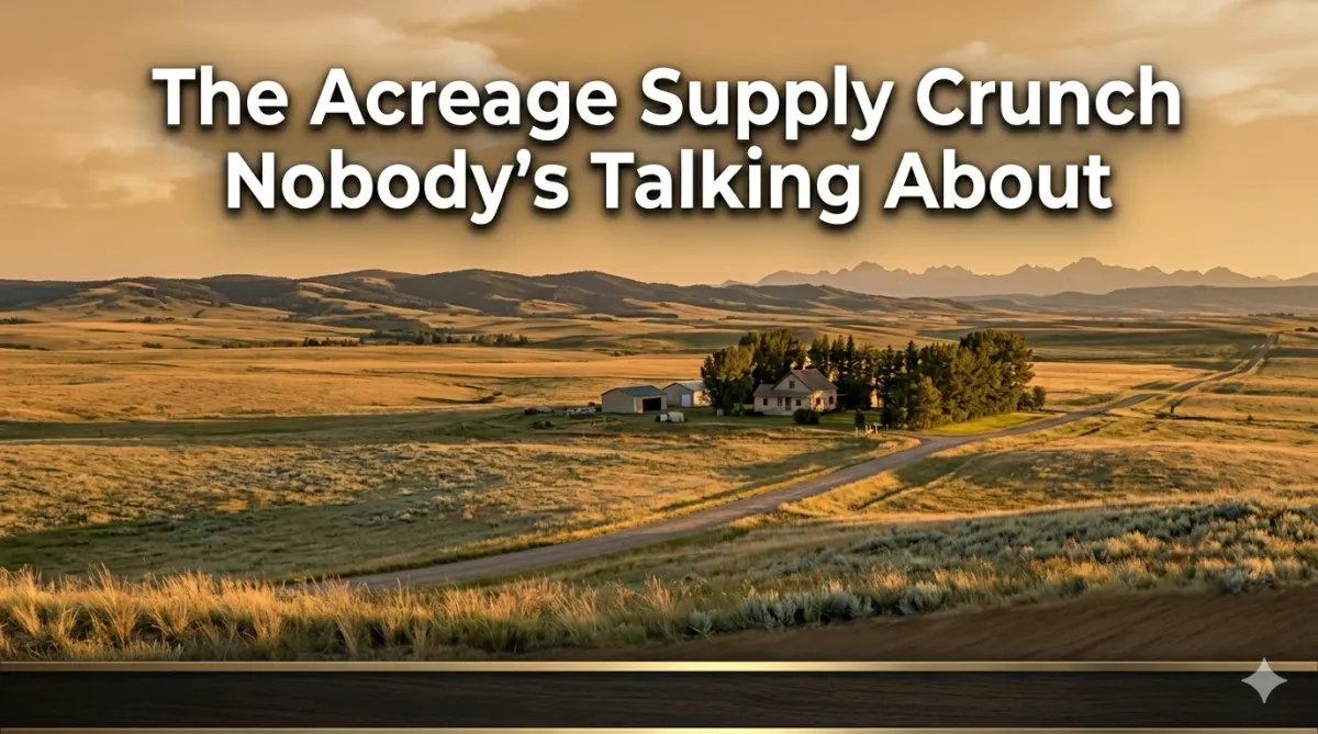 Wide Alberta foothills landscape at golden hour with a distant acreage farmstead, illustrating finite rural supply.