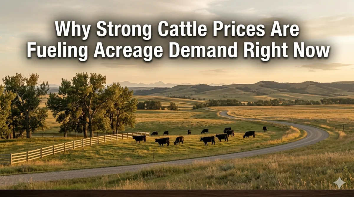 Cattle grazing on rolling Alberta foothills pasture at golden hour, illustrating cattle market pressure on rural acreage.