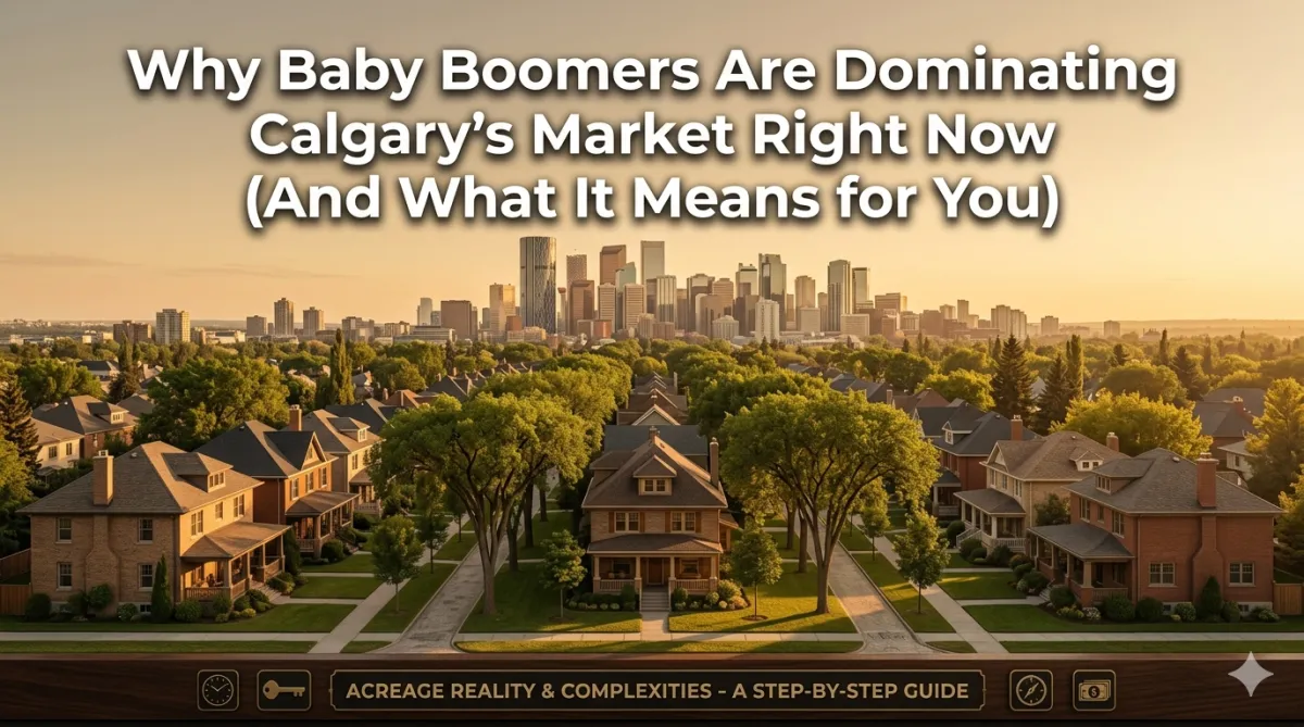 Established Calgary neighbourhood with downtown skyline at golden hour, illustrating accumulated Boomer homeowner wealth.