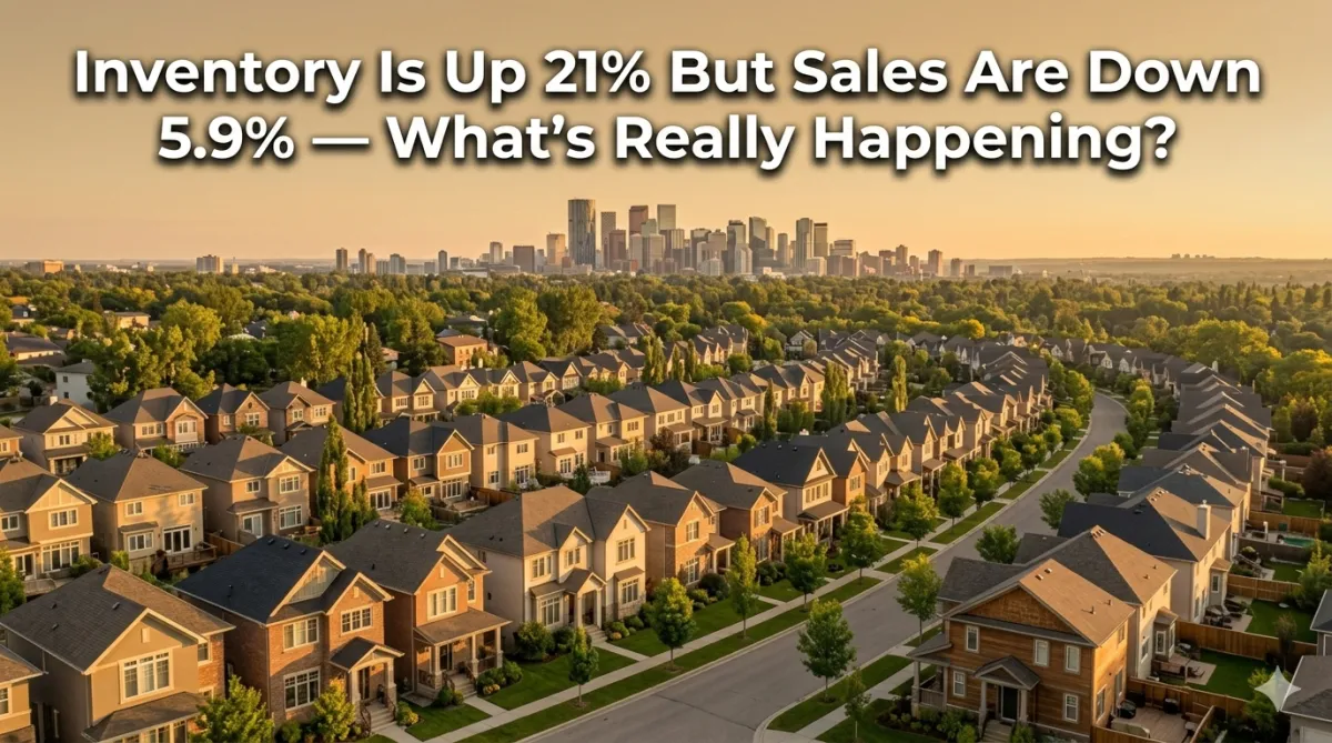 Calgary residential community at golden hour, illustrating a rebalancing market with rising inventory.